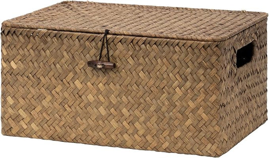 StorageWorks Wicker Baskets with Lid for Organizing, Seagrass Storage Baskets for Shelves, Decorative Box with Built-in Handles, Brown, Medium, 1 Pack