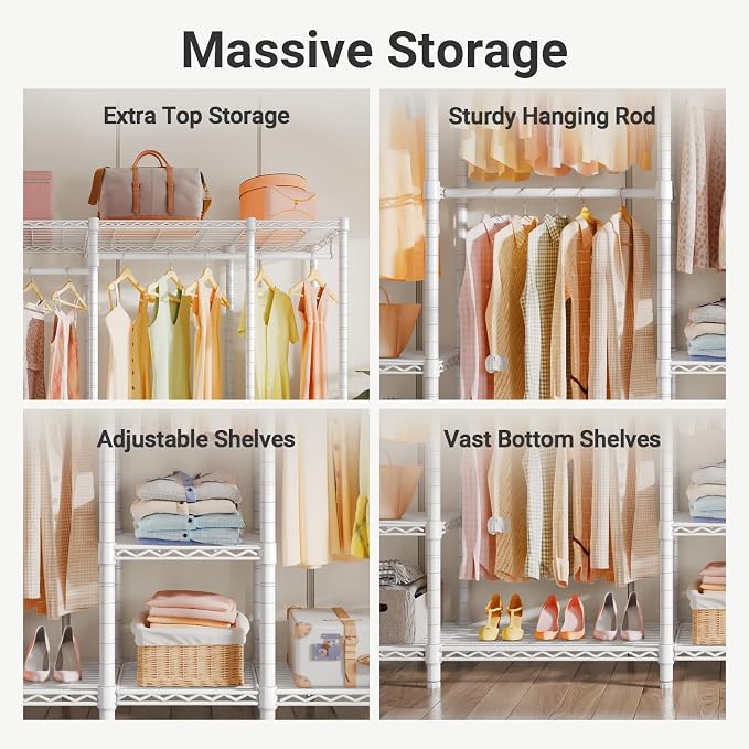 VIPEK V50 Closet Organizer System with Adjustable Shelves, White | 1300 Lb Capacity, Steel Frame, Adjustable Shelves, Open Closet with 4 Hanging Rods, for Bedroom, Apartment, Walk-In Closet