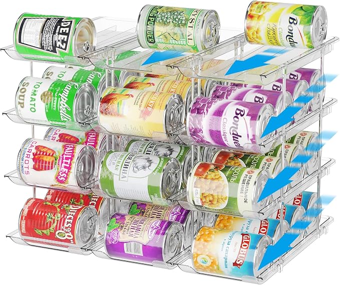 Can Organizer for Pantry Stackable 4 Tiers Can Storage Organizer Pantry Soda Can Organizer for Fridge 48 Cans Rack Automatic Rolling Canned Food Organizer for Refrigerator Kitchen Clear