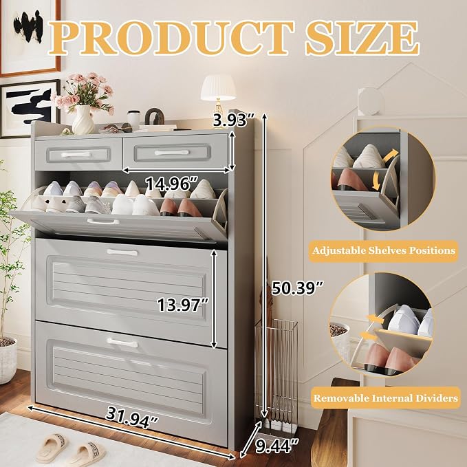 ODUWA Shoe Cabinet with 3 Flip Drawers and 2 Storage Drawers, Shoes Organizer Cabinets with Adjustable Divider, Hidden Shoe Storage Cabinet for Entryway, Hallway, Living Room, Light Grey
