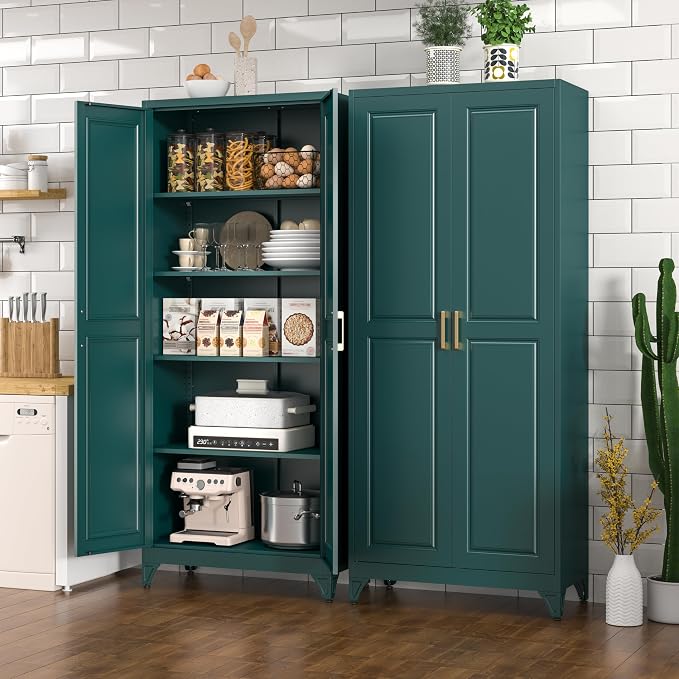 Polup 75" Pantry Cabinet, Tall Metal Storage Cabinet with Doors and Shelves | Green Kitchen Cabinet, 5 Adjustable Shelving, Heavy-Duty Steel, Gold Handles, 4 Standing Feet, for Garage Office & Laundry