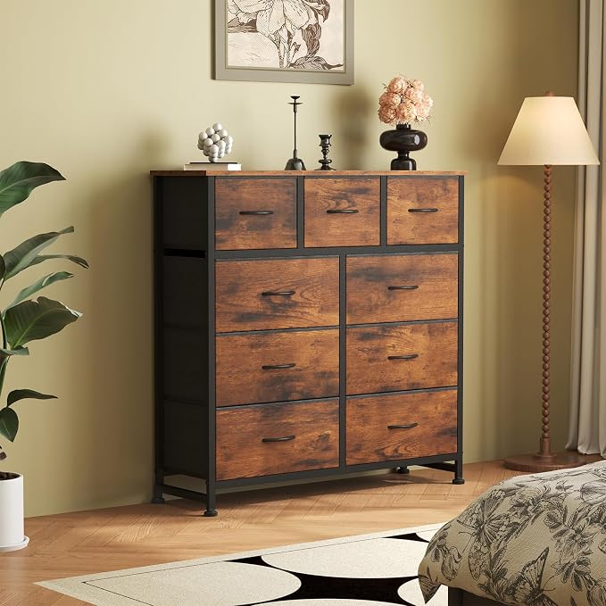 OLIXIS 9 Drawer Tall Dresser for Bedroom, Closet Organizers and Storage | Fabric Dresser with Wooden Top, Chest of Drawers for Clothes Storage, Tower Cabinet, Furniture, TV Stand, Rustic Brown