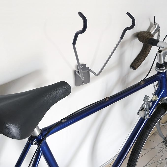 Stalwart Bike Wall Mount - EVA Foam Padded Bicycle Hooks with 50lb Capacity - Flip-Up Garage Bicycle Rack for Mountain, Road, and Kids Bikes by Rad Sportz, Silver, Black