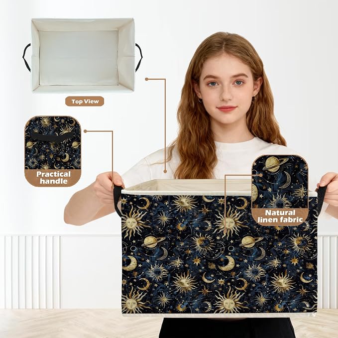Boho Witchy Sun and Moon Storage Box Bins, Mystical Celestial Space Galaxy Collapsible Storage Basket Organizer for Bedroom Laundry Room Kids Room Clothes Books, Decor for Room