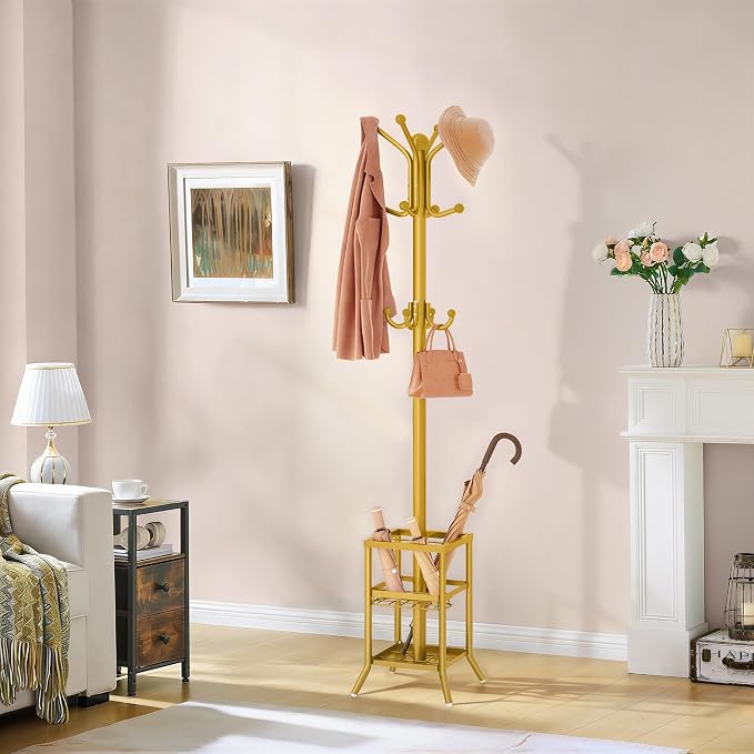 FAVOOSTY Coat Rack Freestanding,Coat Rack Stand with Umbrella Holder,Metal Coat Tree with 12 Hooks,Tree Clothes Hat for Entryway, Hallway, Bedroom, Living Room & Office -Glod