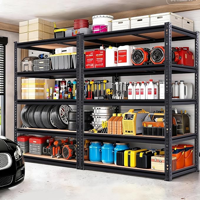 Heavy Duty Garage Shelving,5-Tier Metal Storage Shelves,2400LBS Shelving Unit,Adjustable Shelving Rack, Standing Shelf Units for Garage Storage Warehouse,28''×12''×60'',2 Pack