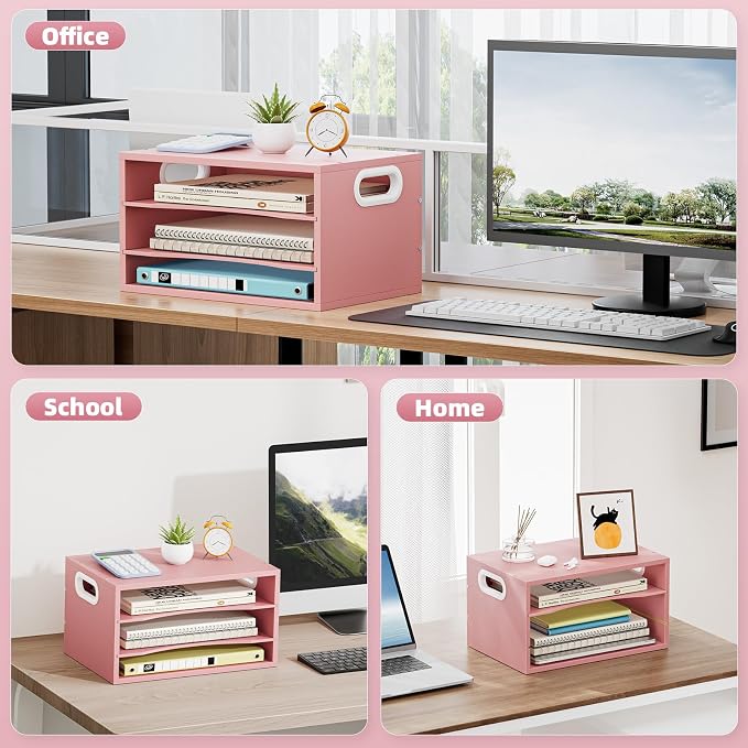 Marbrasse 3 Tier Wood Desk Organizer,Desk Paper Letter Tray Organizer，Pink | Wooden Desktop File Organizer with Handle and Paper Sorter Mail Holder for Office School & Home Supplies Organization