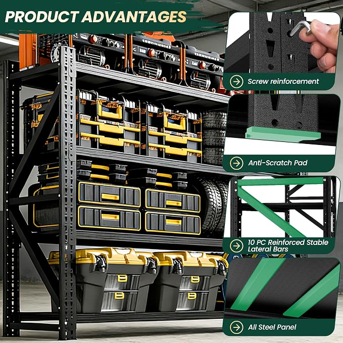 Heavy Duty Garage Storage Shelves 8000LBS Capacity, 79" Wide Metal Shelving Unit, 4-Tier Adjustable Industrial Shelving for Warehouse Basement Shop, 79" W x 24" D x 75" H