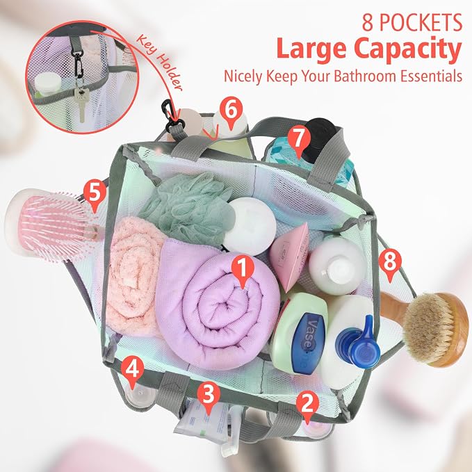 Mesh Shower Caddy Portable - 8 Pockets, S-Hook, Shower Bag for Dorm Camping | 2-Handle, Quick-Dry, Hanging Toiletry Organizer, College Dorm Room Essentials for Girls, Gym, Travel & Bathroom, White