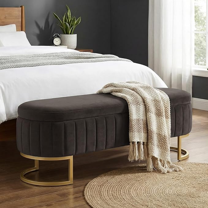 65" Velvet Storage Ottoman Bench End of Bed for Bedroom Entryway Dark Grey