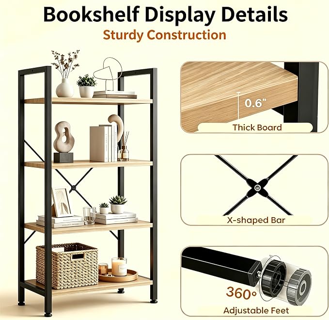 HealSmart 4 Tier Bookshelf, Free Standing Book Shelf Home Office Bookcase Shelf Storage Organizer for Bedroom, Bathroom, Living Room, Office, Balcony, Wood