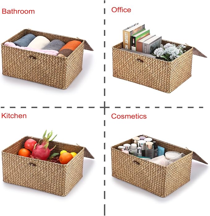 Hipiwe Wicker Shelf Baskets Bin with Lid Woven Storage Box, Coffee X-Large | Handmade Seagrass Basket Storage Bins Rectangular Household Basket Boxes for Shelf Wardrobe Home Organizer