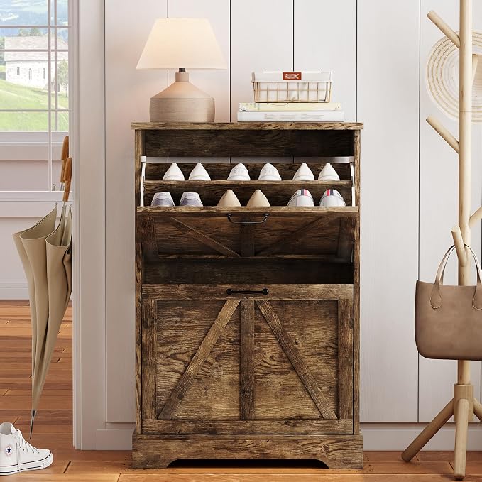 Semiocthome Farmhouse Shoe Storage Cabinet with 2 Flip Drawers, 23.6"(W) Freestanding Shoe Organizer with Barn Door and Metal Handles for Entryway, Corner Narrow Shoe Rack Cabinet - Rustic Brown