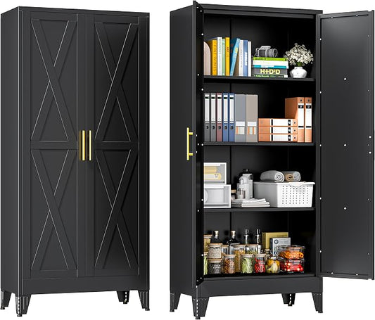 61" Metal Storage Cabinet with 2 Doors and 3 Adjustable Shelves,Black Farmhouse Kitchen Pantry Cabinet,Steel Garage Tool Cabinet,File Cabinetfor Home,Office,Dinning Living Room,Warehouse