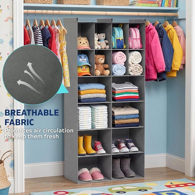 6 Tier Hanging Closet Organizer, 16 Compartments Dual Row Storage, Grey | Closet Organizers and Storage with Large & Small Pockets, 3 Sturdy Hooks Support Heavy Loads, Ideal for Dorm, Garment Rack