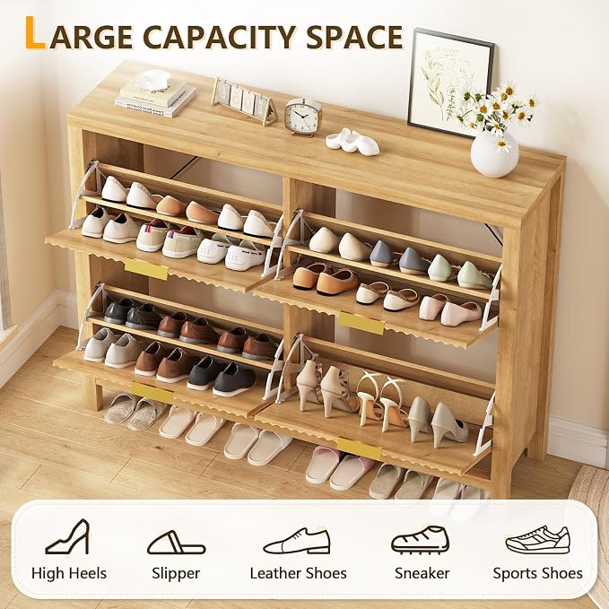 47" Fluted Shoe Cabinet Stoarge with 4 Flip Drawers for Entryway, Hallway | Hidden Shoe Rack Slim Freestanding Shoe Organizer with Legs for Hallway, Living Room, Oak