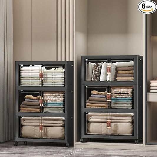 UAMFURI Stackable Storage Bins, 672QT Collapsible Drawers with 2 Lids | Large Capacity, Magnetic Door, Stack Lock, Rolling Wheels, Foldable Design, Organizers and Storage for Bedroom Dorm Garage