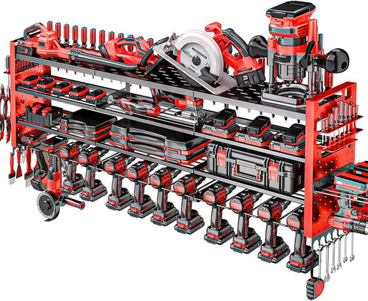 49.8" Power Tool Organizer Wall Mount,Holds 14 Cordless Drills | Large 4-Tier Tool Storage Rack, Heavy Duty 450 lb Load Capacity for Garage Workshop, Black, Gift for Men