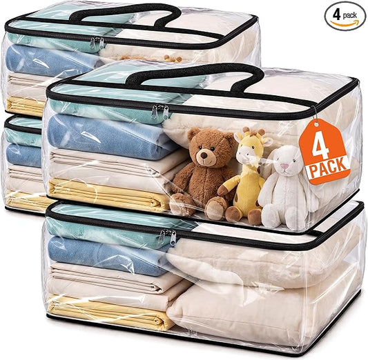 SpaceTrove Clear Storage Bags, 4-Pack Under Bed and Closet Organizers 40L | Clear PVC bags with zippers and handles, foldable waterproof moving bags store comforters, blankets, bedding, clothes and toy