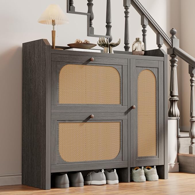Shoe Cabinet Storage for Entryway with 2 Flip Drawers(3-Tier), Rattan Freestanding with Door & 3 Adjustable Shelve,Hidden Shoe Rack Organizer for Hallway, Foyer