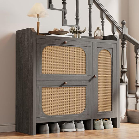 Shoe Cabinet Storage for Entryway with 2 Flip Drawers(3-Tier), Rattan Freestanding with Door & 3 Adjustable Shelve,Hidden Shoe Rack Organizer for Hallway, Foyer