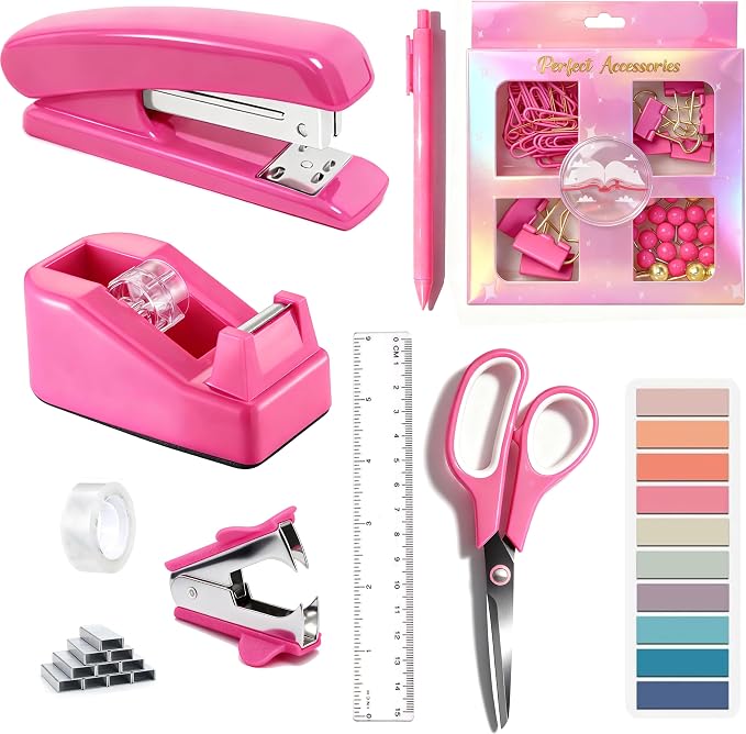Dimonluce Hot Pink Desk Accessories, Hot Pink Office Supplies Accessories with Tape Dispenser, Stapler, Staple Remover, 1000 Staples, Tape, Clips Set, Ruler, Scissor, Pen