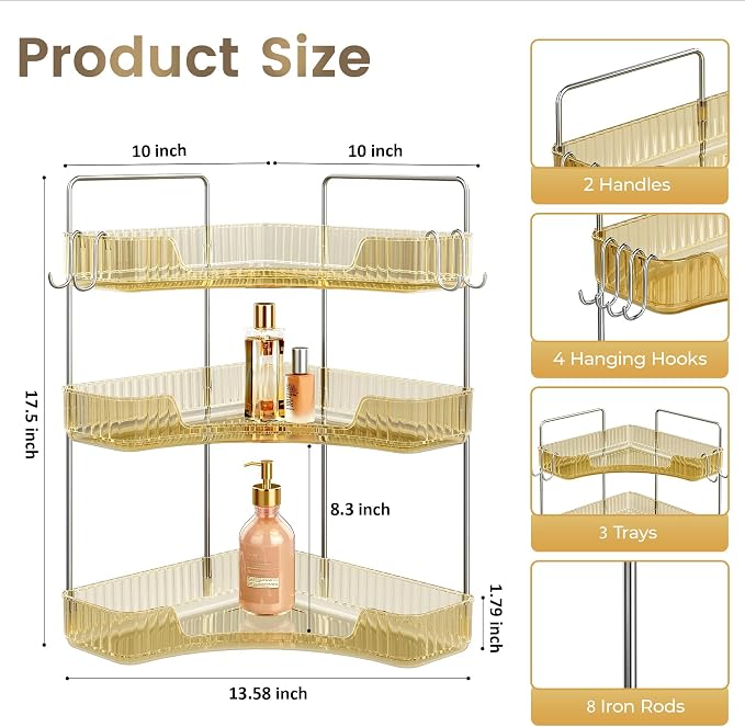 3 Tiers Bathroom Corner Organizer,Bathroom & Kitchen Storage Tray | Storage Countertop with Hooks Skin Care Exquisite Vanity Organizer Countertop Bathroom Storage Dresser, Kitchen-Gold