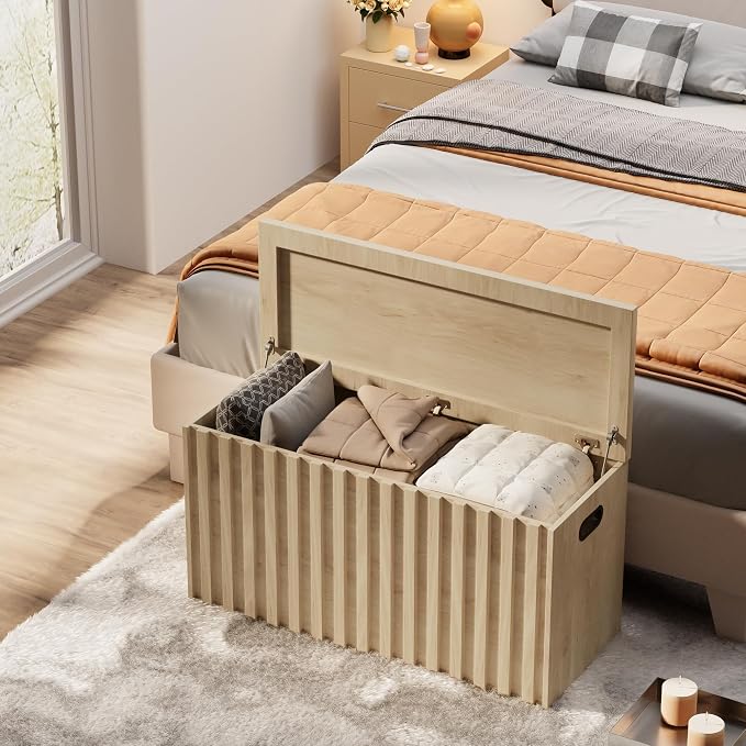 Storage Bench,39.4" Wood Box, Storage Trunk with 2 Safety Hinges, Ottoman Storage Chest, Fluted Storage Bench for Bedroom, Entryway, Living Room (Ivroy White)