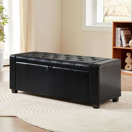 Royal Windsor Ottoman with Storage,Tufted Storage Bench with Safety Hinge,Holds up to 350 lb,Upholstered Bench with Seating for Bedroom, Living Room,Entryway,Leather Black