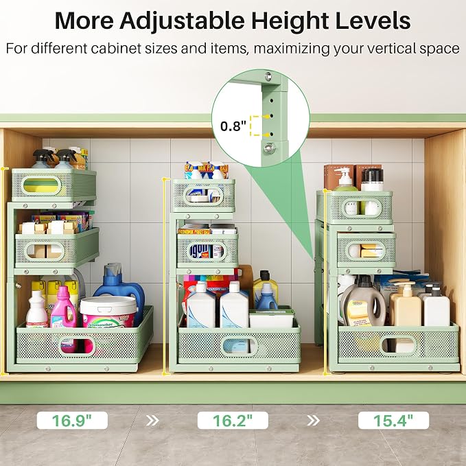 Kitstorack Under Sink Organizer, 2-Pack 3-Tier Height Adjustable Thickened Metal Pull out Cabinet Organizer Shelf, Slide out Storage Drawer Rack for Bathroom Kitchen Pantry Home Organization, Green