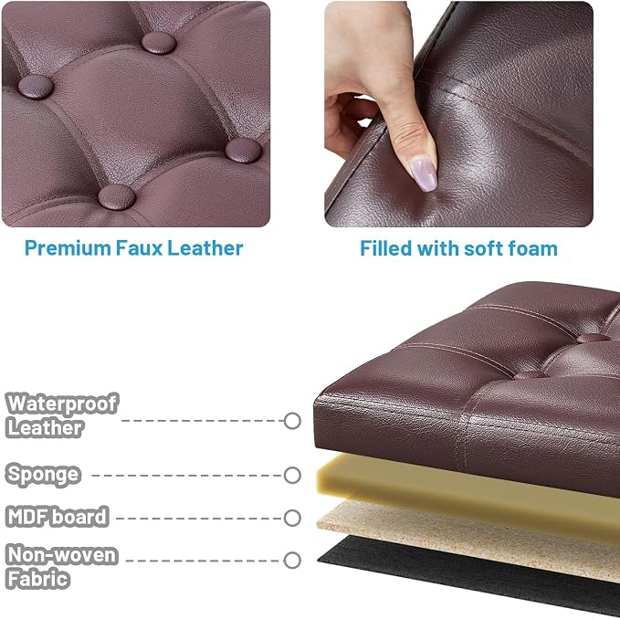 Bsketa Storage Ottoman Bench,16 Inch Folding Leather Foot Rest Stool, Brown | Small Ottoman with Side Pockets, Thicker Foam Padded Seat, Livingroom, Dorm, Bedroom, Easy to install, 38L,16x12x12in