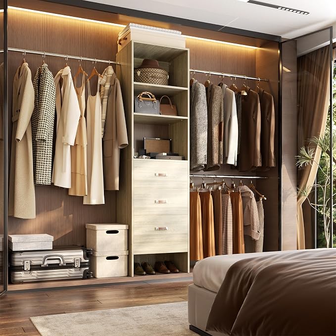 Besiost 96'' Closet Organizer System with 3 Hanging Rods, 8FT Closet Organizers and Storage with 3 Wooden Drawers, Built in Closet Organizer Systems, Adjustable Walk-in Wardrobe from 2-8FT, White Oak