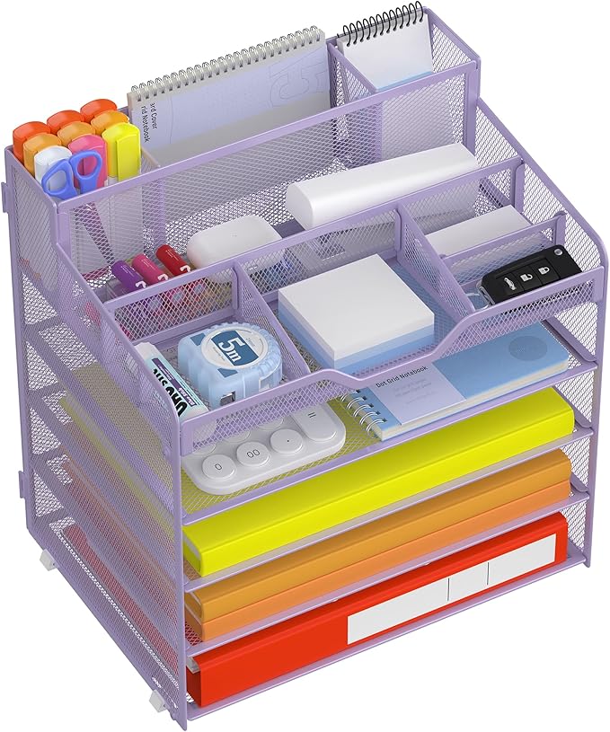 Docnest 5 Tier Mesh Desk Organizer with Letter Tray & Paper Sorter, Purple | Features 3 built-in pen holders & 5 adjustable compartments on top. Includes 4 non-slip rubber feet for desk protection