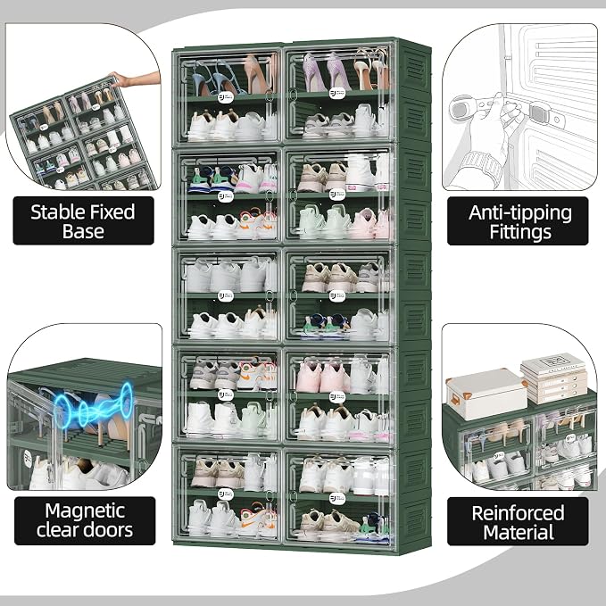 Foldable Shoe Cabinet with Magnetic Clear Doors, Wide Design Shoe Rack for Entryway, Portable Shoe Organizer Meeting Diverse Storage Needs (Green, 2Row 4Tier)