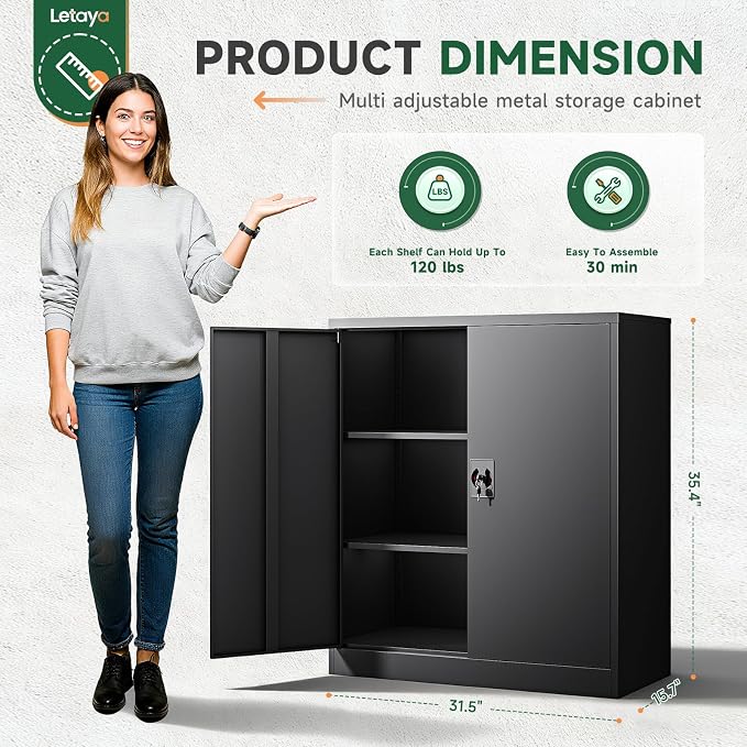 Letaya Metal Storage Cabinets with Lock Door,2 Adjustable Shelves Organizer Steel Storage Cabinets for Home,Office,Warehouse,Garage,Employee Lockers(Black)