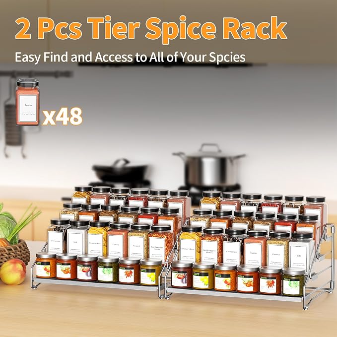 BOIVSHI 4 Tier Spice Rack Organizer for Cabinet, Spice Rack Organizer, Depth Adjustable Spice Organizer for Cabinet, Countertop, Cupboard, Pantry, Seasoning Shelf, Metal, Gray (2 Pack)
