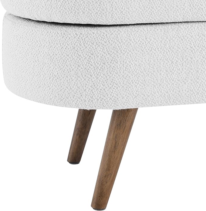 43.5” Storage Ottoman Bench，Upholstered Oval End of Bed Bench for Bedroom | Modern Linen Ottoman with Storage, Entryway Foot Rest with Wooden Legs, Lift-Top Lid with Safety Hinge, Living Room, White
