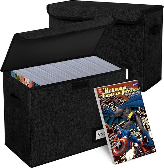 2 Pack Comic Book Storage Box, Comic Protector Organizer, 15.8" X 7.8" X 11.8", Collapsible Comic Short Box, Holds 160-180 Comic Book Heavy Duty Container Holder Shelf Bin (Black)