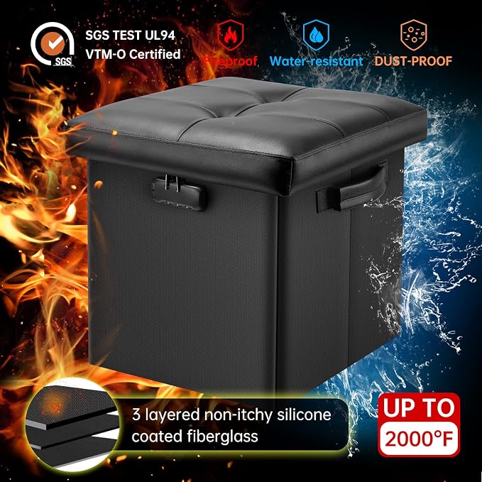 DocSafe Storage Ottoman with Lock,Fireproof Folding Ottoman Foot Rest Stool Storage Chest with Storage Safe for Important Documents,Waterproof 13 Inches Short Ottoman Foot Stool with Handles,Black