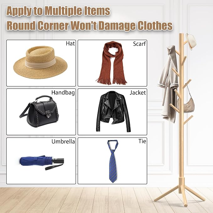 Aliphon Wooden Coat Rack Stand, Freestanding Coat Rack with 8 Hooks, 3 Adjustable Size Coat Tree for Hats, Coats, Scarves bags, Coat Hanger Stand Used in Bedroom/Office/Entryway,2 PCS (Natural)