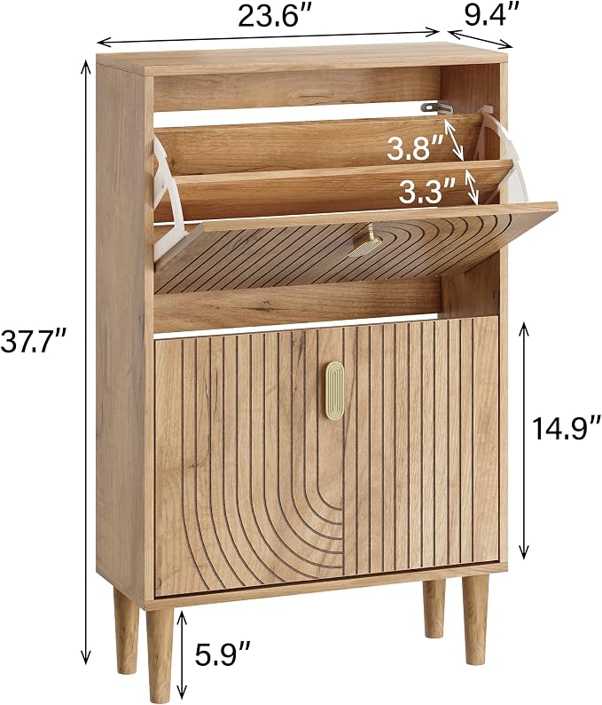 Smuxee Shoe Cabinet with 2 Flip Drawers, 23.6" Oak Hidden Shoe Storage Cabinet with Line Groove Design, Freestanding Shoe Organizer Cabinet for Entryway, Hallway, Living Room
