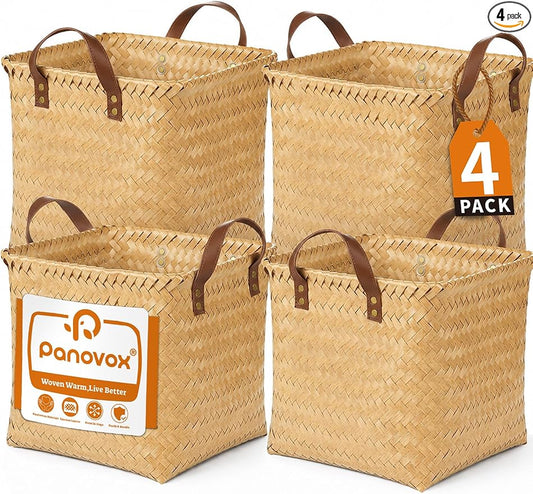 Wicker Storage Baskets, 4 Pack Woven Baskets for Shelves, Yellow | PP Rattan, Water-resistant Wicker Basket, Large Baskets with Faux Leather Handles for Blanket, Laundry Organizer, Room Decor