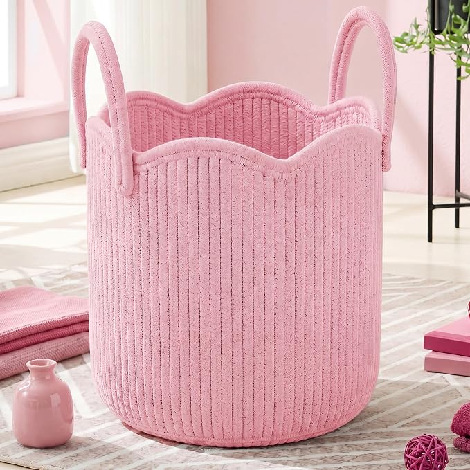 Newtay Pink Scalloped Woven Blanket Basket 12" x 12" x 12" Cotton Rope Laundry Basket Hamper Cute Round Decorative Storage Bin with Handles for Baby Nursery Living Room Bedroom Bathroom