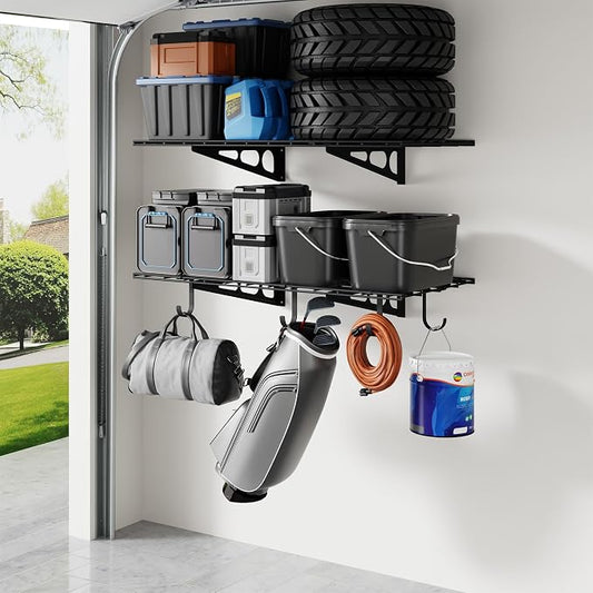 FLEXIMOUNTS 2-Pack 2x4ft Garage Shelving with Hooks, 600lbs Load, Black | 24-inch-by-48-inch Wall Shelf Garage Storage Racks Floating Shelves, Rustproof Seamless Grid Design, Classic Series