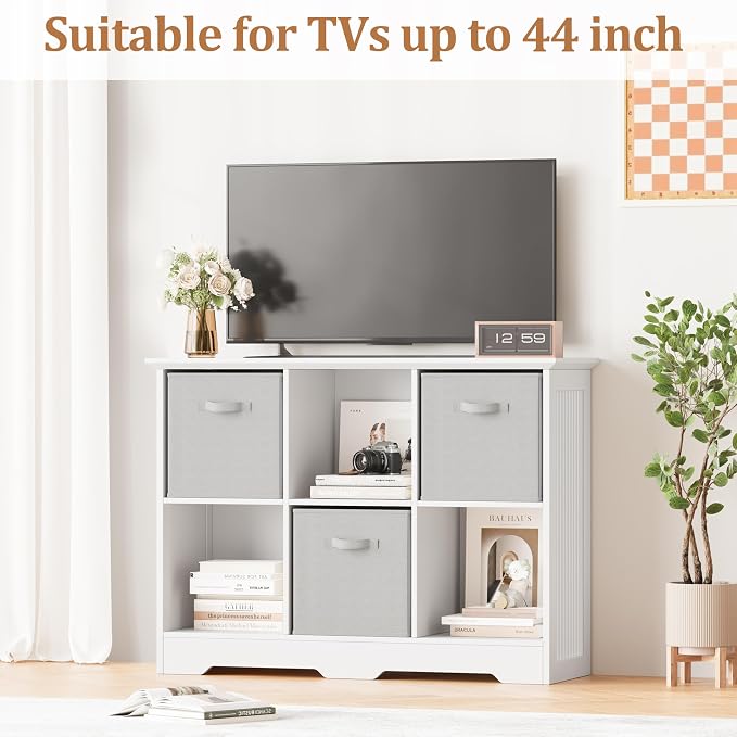 6 Cube Storage Organizer Shelf, Wood Cubby Storage with 3 Fabric Drawers | 2 Tier Wooden Bookshelf with 2 Adjustable Shelves, Fluted Side Panels Bookcase for Bedroom, Living Room, Home Office, White