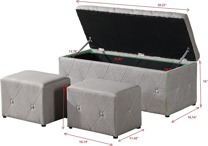 Ottoman Set of 3, 39'' Hinged Tufted Storage Ottoman Bench with Cushion, 2pcs Small Dorm Stools Couch Side Foot Rest