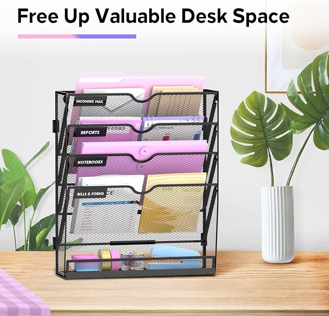 5-Tier Wall File Organizer with Base, Wall Mounted File Holder | Vertical Hanging File Organizer with Open Compartments and Label Holders for Mail, Folders and Paperwork at Home or Work