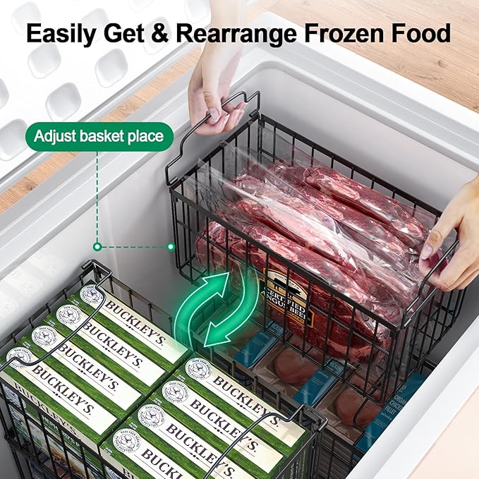 MSERCUOR Freezer Organizer Bins, 6 Pack Stackable Deep Chest Freezer Organizer Bins, Foldable Baskets with Handles, Black Storage Container Baskets for 5/ 7 Cu.FT Deep Freezer Sort Frozen Meats