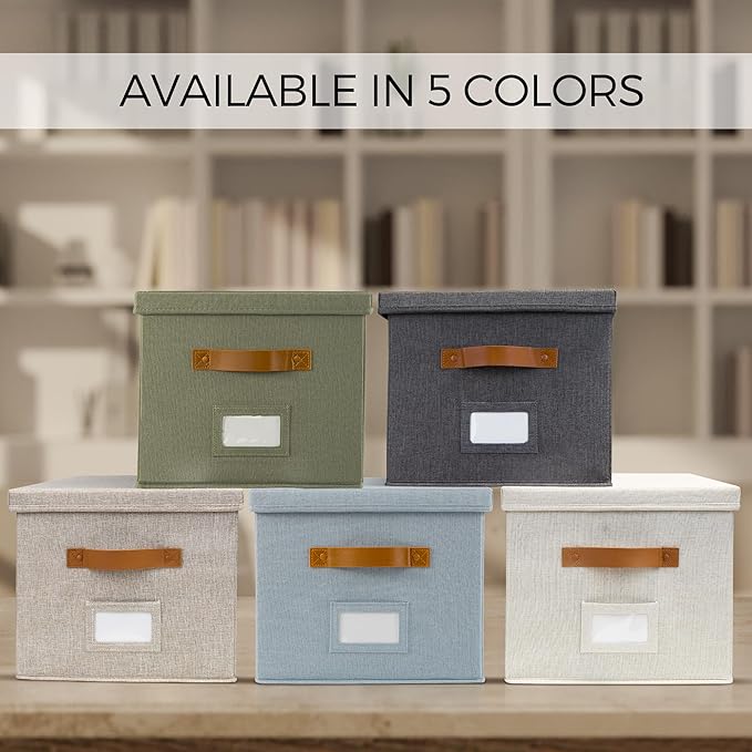 Decorative File Organizer Box Set of 2 - Collapsible Linen Filing Cabinets | Stores Documents and Hanging File Folders - Portable Office Crates with Lid and Handles for Easy Slide Access