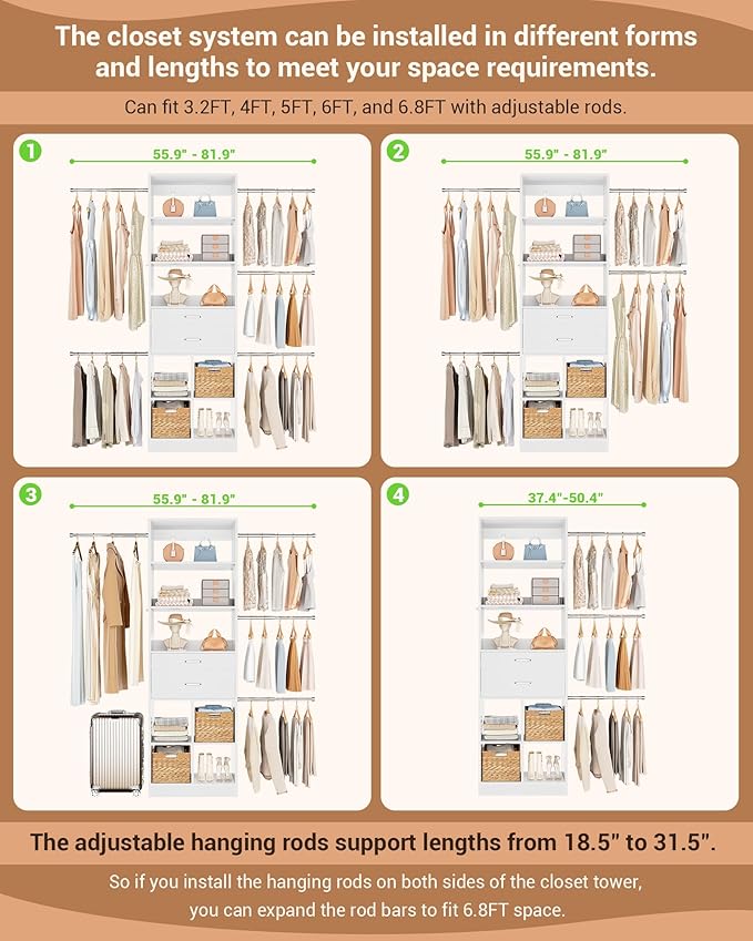Besiost Small Closet System, 3.2-6.8FT Small Closet Organizer with 2 Wooden Drawers & 5 Hanging Rods, Can Fit 37.5 to 81.9 inch Walk-in Closet System, Built-in, White, Enclosed Storage Volume 2.32 ft³
